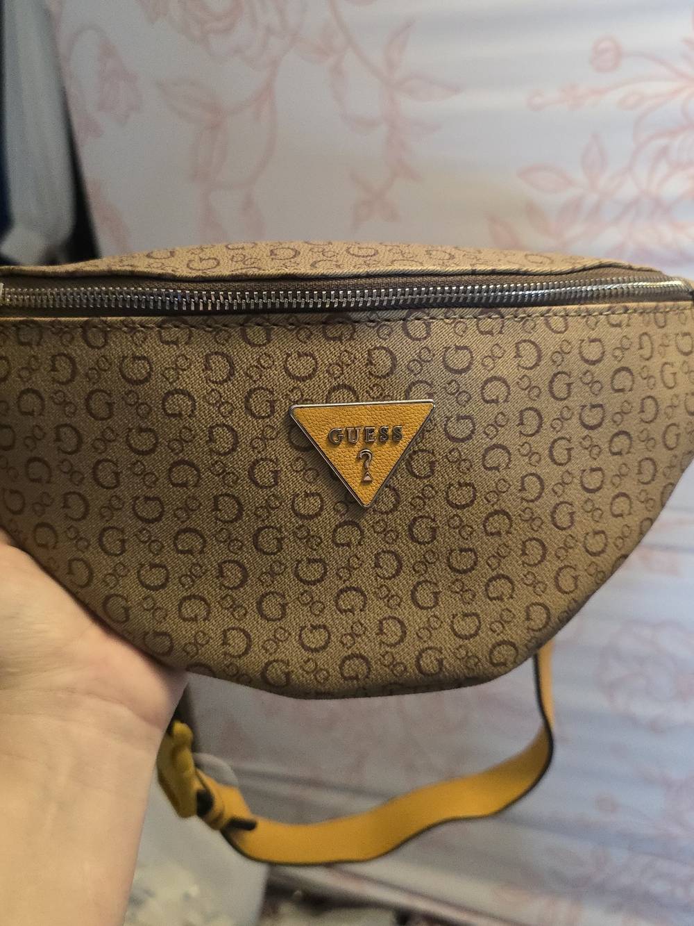 GUESS Levine Mini Monogram Belt Bag Fanny Pack Brown Yellow SV725380